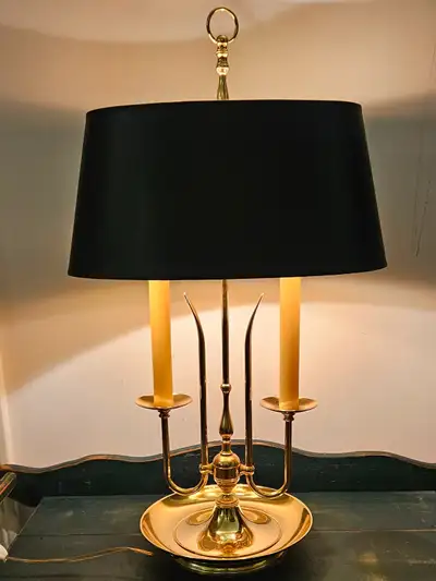 MCM  BRASS FRENCH BOUILLOTTE STYLE LAMP WITH BLACK TOLE SHADE, View more
