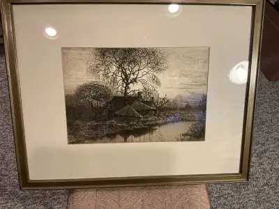 antique litho of tree, house and river. date 1887 signature ?, View more