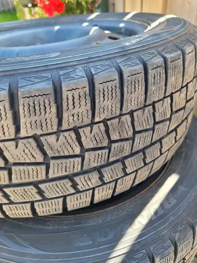 4 winter tires on steel rims. 5 bolt pattern. Used 2 seasons. 215/55/16. Lots of tire left