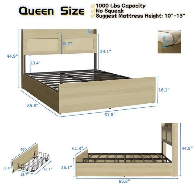 Queen bed with drawers, outlet & light63793683420929124