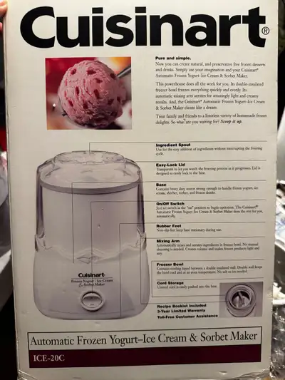 Cuisinart Automatic Frozen Yogurt-Ice Cream & Sorbet Maker, model ICE-20C. It is a kitchen appliance...