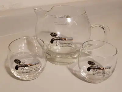Vintage Rare Adam: Antique Gun Collection Glass Whiskey Set - Hand Blown Clear Glass Pitcher with op...