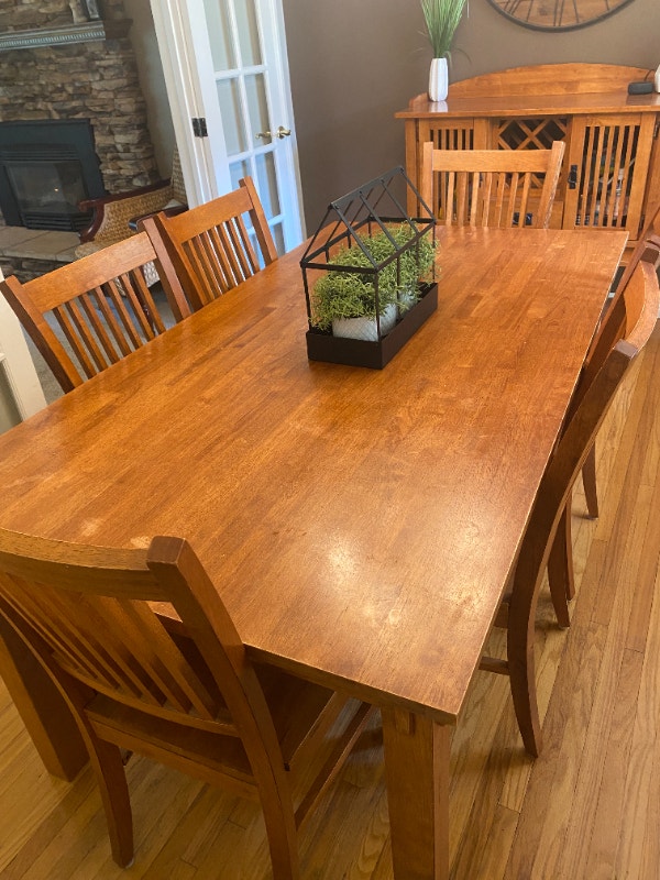 Solid wood harvest table with 6 chairs and matching hutch Dining