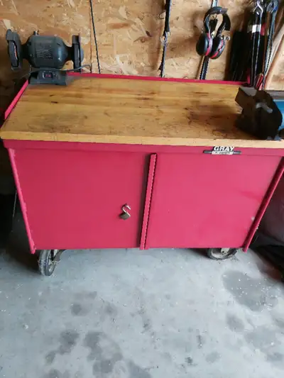 THIS MOBILE WORK CENTER HAS A HEAVY OAK TOP WORK SURFACE AND A VICE TO WORK ON. THE CABINET CONSISTS...
