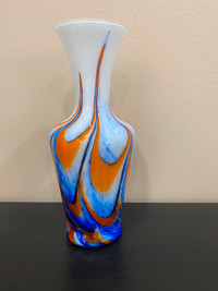 Vintage orange, white, &blue Murano glass vase by Carlo Moretti