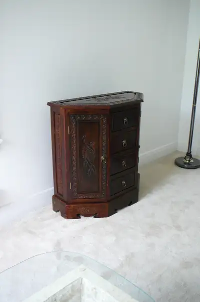 vintage, antique, carved wooden octagonal cabinet, View more