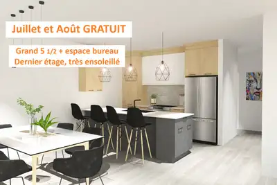 Spacieux appartement 5 ½ + espace bureau ou autre de 1350 pc situé au dernier étage d’une constructi...