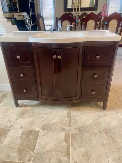 Solid wood elegant Bathroom vanity space saver 48” wide 17” depth 36” height and white acrylic count...