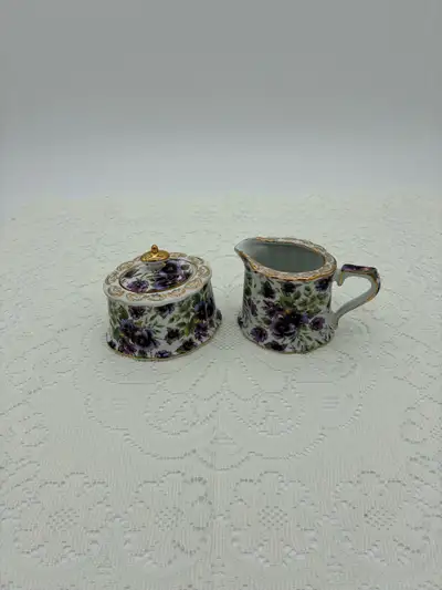 Vintage Purple Pansy creamer and sugar bowl , View more