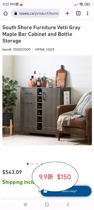 Gray Maple Bar Cabinet with Bottle Storage in Hutches & Display Cabinets in Mississauga / Peel Region - Image 2