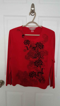 Women's Red Tan Jay Size Petit Medium Long Sleeve Top