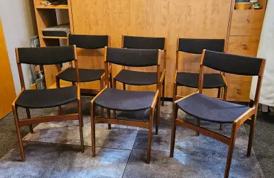Six teak midcentury dining chairs., View more