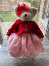 White Teddy Bear dressed in a pink dress and red jacket.
