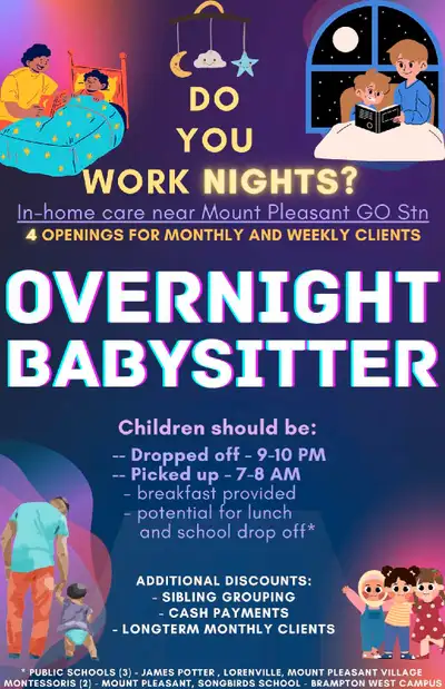 Overnight babysitting available at my home - not hiring workers, View more