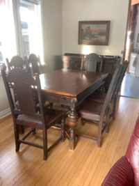 ANTIQUE SOLID CLASSY OAK WOOD/LEATHER DINING SET ~ CIRCA 1920