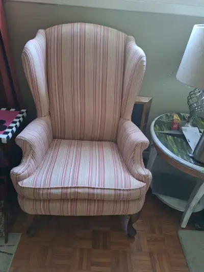 2 Free wingback chairs 1 pink with white stripes 1 blue midland, View more