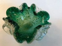 Murano Glass dish/ashtray.  Green& white with silver accents.