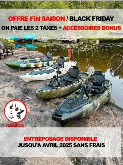 Plusieurs kayaks en solde en stock, 10 et 12 pieds, dispo en vert camo et brun desert camo avec syst...