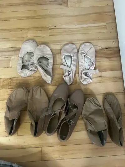 I'm selling a collection of used dance shoes, perfect for a young dancer exploring different styles!...