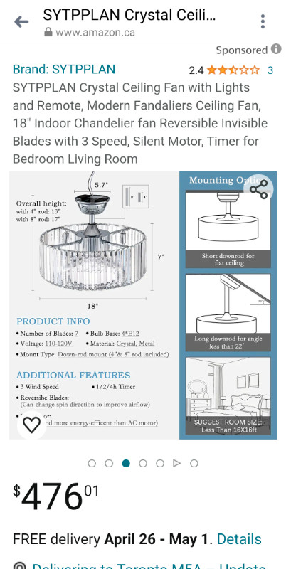 SYTPPLAN crystal ceiling fan in Indoor Lighting & Fans in Ottawa - Image 2