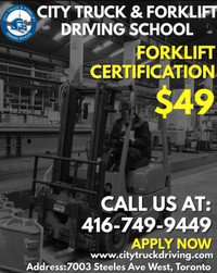 Forklift Certification is available in $49! Call 416-749-9449 
