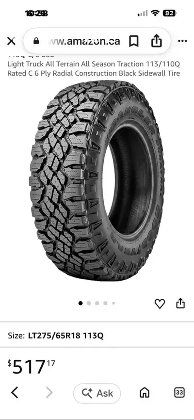 5 Goodyear Duratrac tires 275/65/18 lots of tread left $650 located in greenstone Also have other ra...
