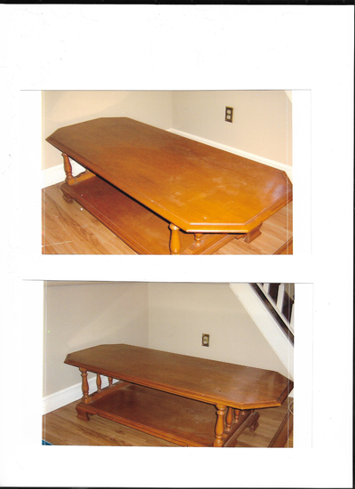Beautiful table hand made with solid oak wood, no scratches. 16H x 23W x 58L (top) x 42L ( bottom)