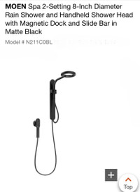 Matte black “Moen” nebia shower head and hand held shower wand. 