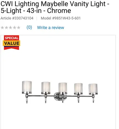 Brand new in box. Beautiful 5 light vanity light. Measures 43”L x 6”Dx 11”H. Can be used in foyers,...