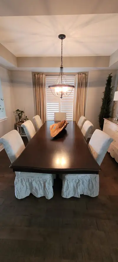 Dark Cherry Dining Table + 8 Upholstered Chairs – Seats up to 10, View more