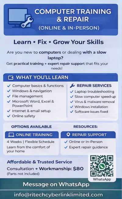 Computer repairs and training , View more