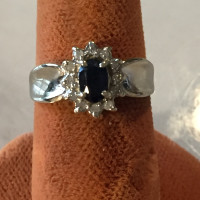 Natural Blue Sapphire + Diamond Princess Di Cluster 10K WG Ring