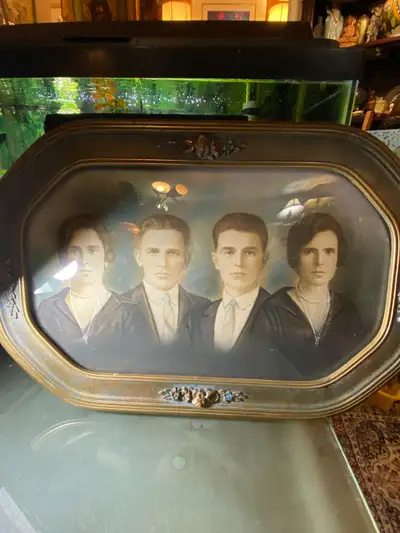 Antique 1920s Oval Picture Frame Convex Bubble Glass Wood Family, View more