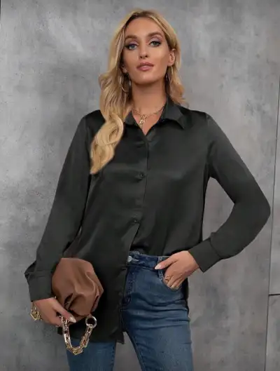 New size XL-2XL Women's classic Satin Black Blouse, View more