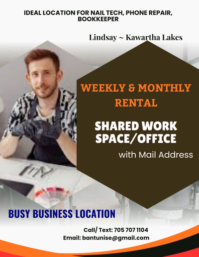 Shared Workspace with Mail Address available in Lindsay, Kawartha Lakes. Downtown area. Ideal for Na...