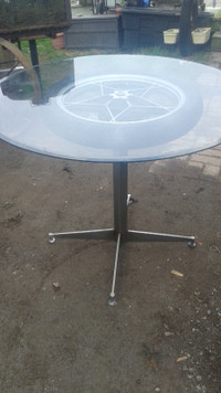 custom made 42' round glass top motorcycle wheel table 32" tall