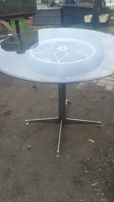 custom made 42' round glass top motorcycle wheel table 32" tall, View more
