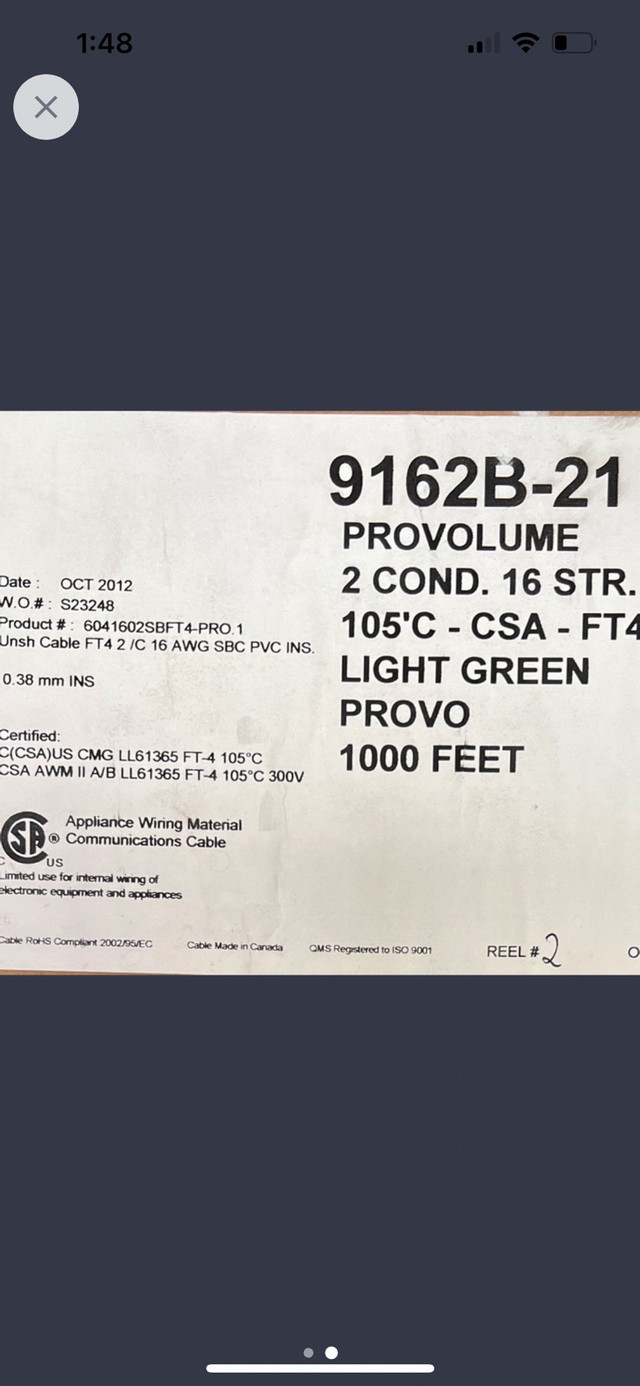 Plenum Rated 1000 ft 16/2 stranded wire in Cables & Connectors in Barrie - Image 2