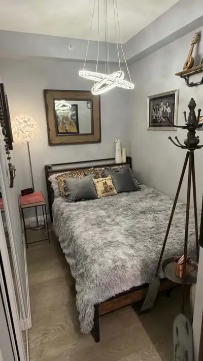 6 x 8 feet den converted into a new bedroom with a queen bed and single mirrored closet. Utilities,...
