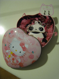 Brand new Hello Kitty earrings & tare panda mirror in Kitty tin