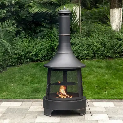 Outdoor steel wood-burning firepit with cast-iron cooking grill, View more