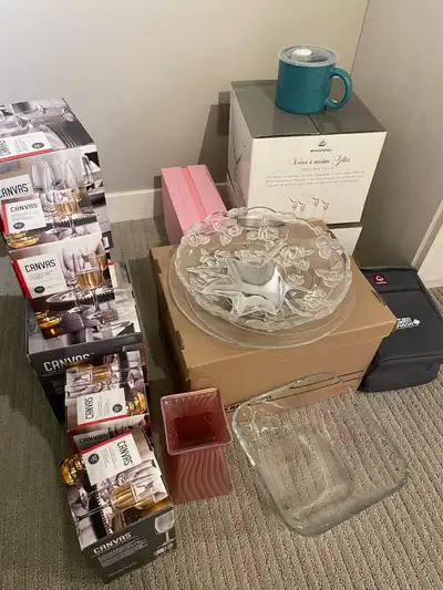 Items for entertaining, glasses, tray, champagne flutes, View more