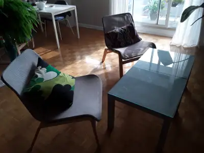 Two beautiful Ikea's chairs + two colorful cushions + one coffee table + a small drover + a car seat...