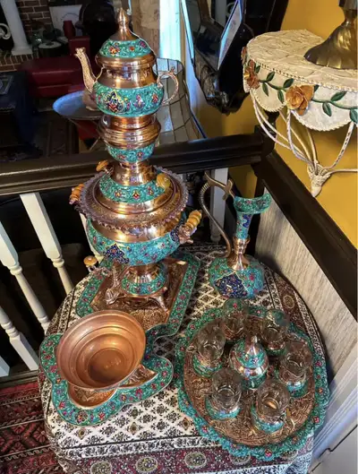 Check out this exquisite, used Persian Marquetry (Khatamkari) & Hand Engraved Copper Samovar set, fe...