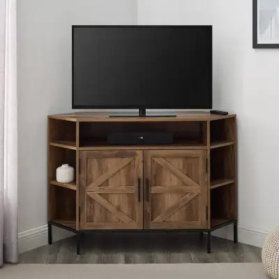 Rustic 2-Door Corner TV Stand with Wood Detail for TVs up to 55”, View more