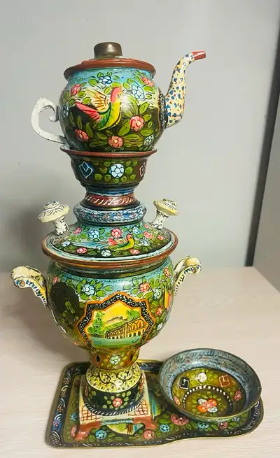 Decorative Only Charming antique Persian samovar set from the late 1800s–early 1900s, hand-painted i...