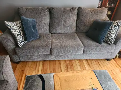 Sofa love seat and recliner with coordinating cushions. Approximately 3 years old.Recently professio...