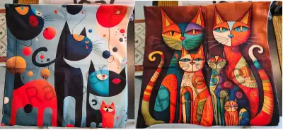 ONLY 1 SET (pair) LEFT.  VIBRANT Cat Art 18x18 pillows., View more