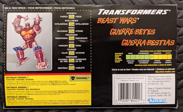 FS: Transformers Beast Wars - TM Optimus Primal (1990s MIB) in Toys & Games in Calgary - Image 2