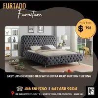 Ref. 0025 - GREY UPHOLSTERED BED WITH EXTRA DEEP BUTTON TUFTING